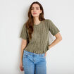 Gilet ajour&eacute; manches courtes col rond vert kaki femme