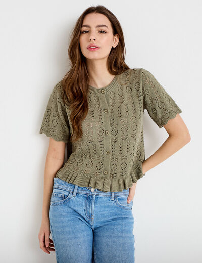 Gilet ajour&eacute; manches courtes col rond vert kaki femme
