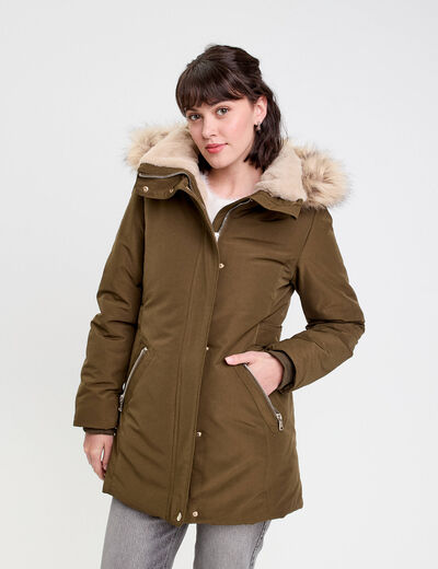 Parka &agrave; capuche fausse fourrure vert kaki femme