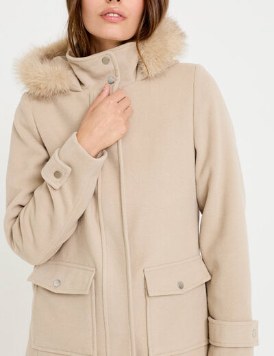 Manteau mi-long &agrave; capuche beige femme