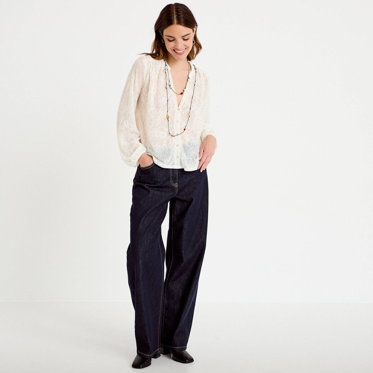 Blouse maille fantaisie ecru femme