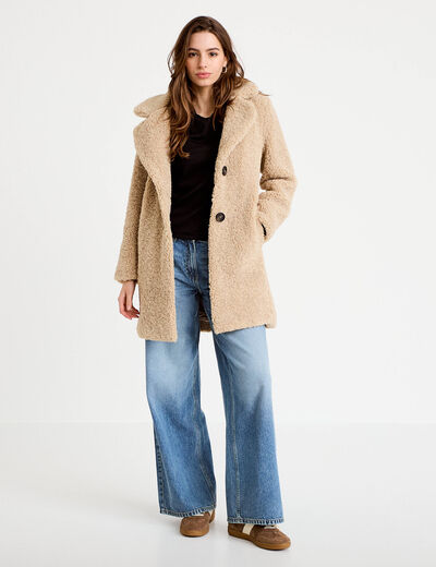 Manteau droit mi-long en bouclette beige femme