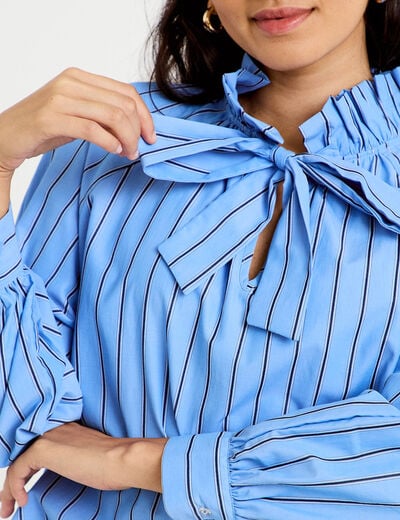 Blouse ample col montant manches longues bleu femme