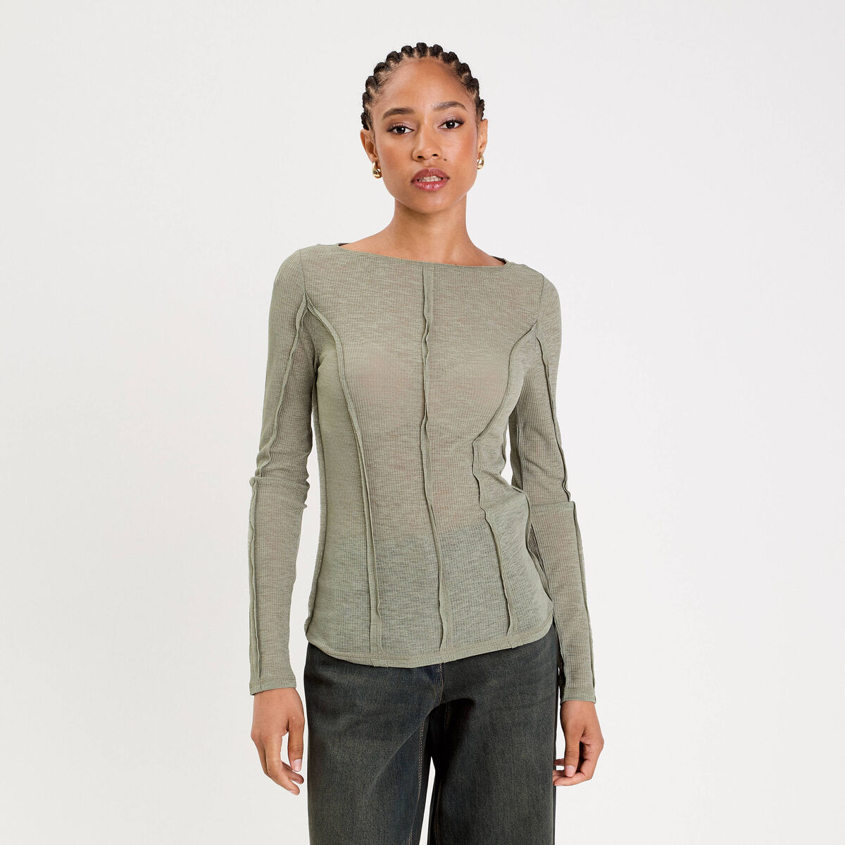 T-shirt cintr&eacute; col rond manches longues vert kaki femme