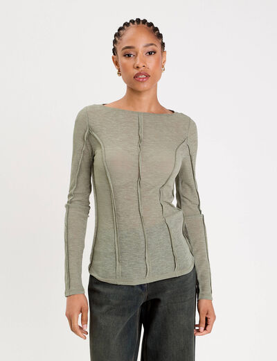 T-shirt cintr&eacute; col rond manches longues vert kaki femme
