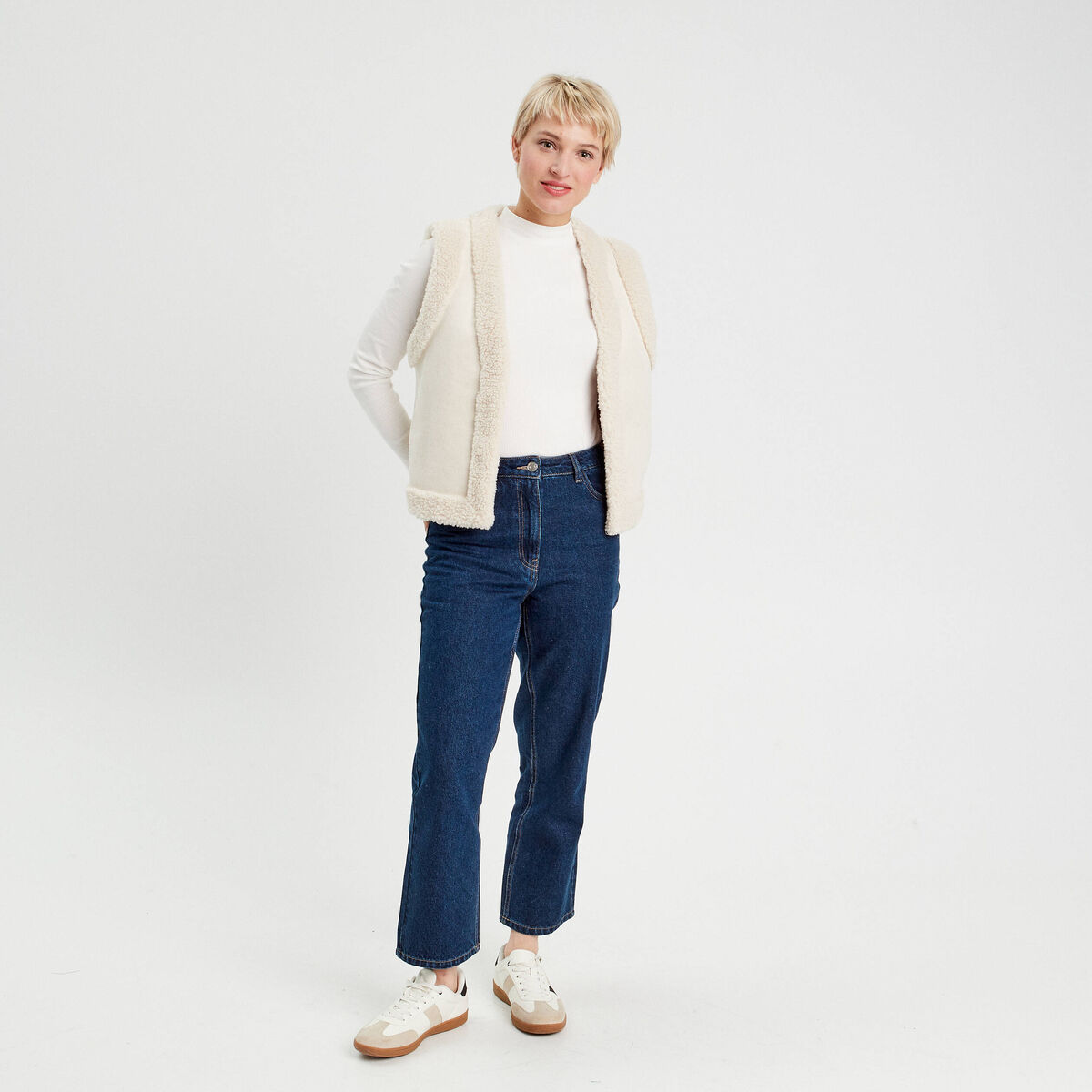 Jeans droit cropped taille haute denim brut femme