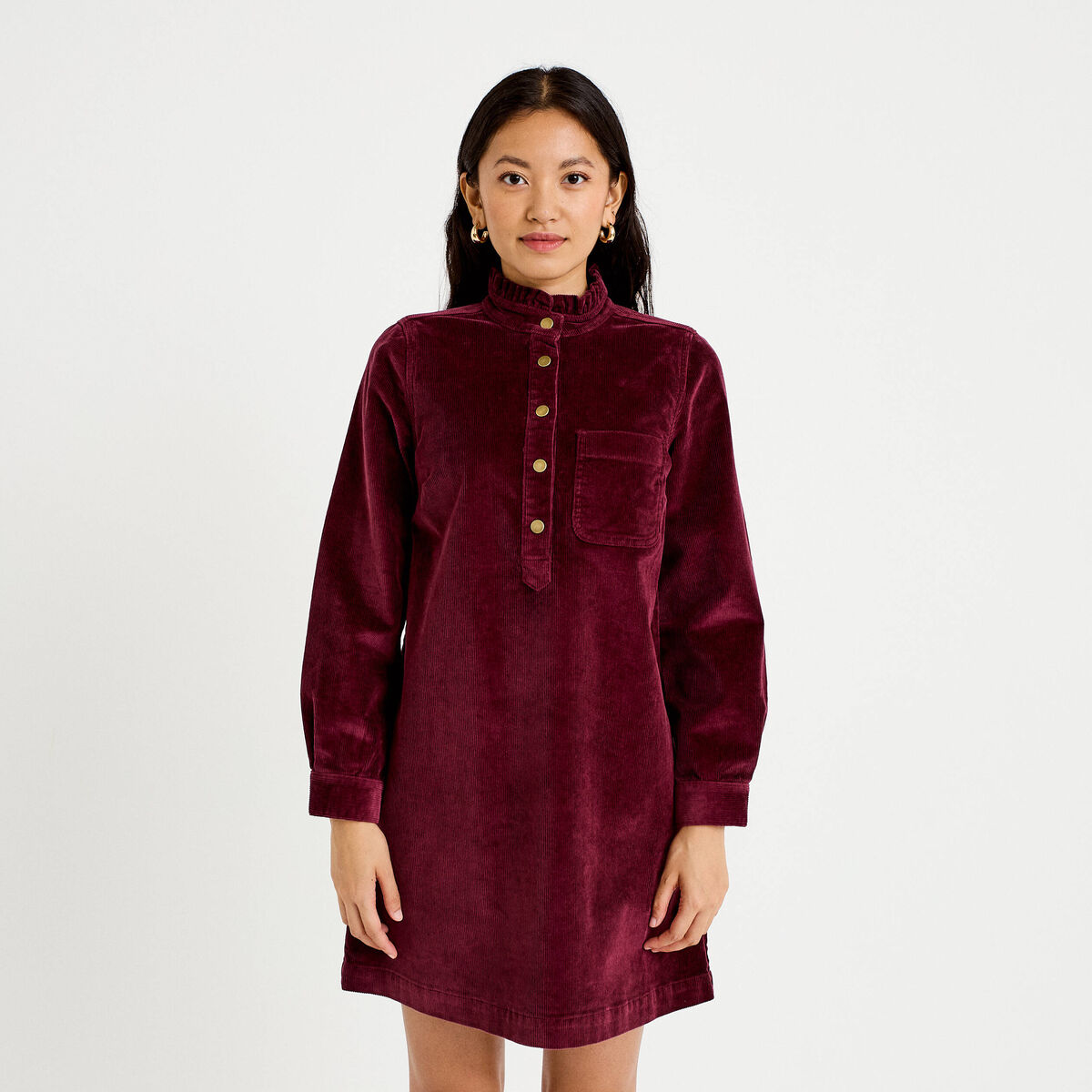 Robe droite velours col montant bordeaux femme
