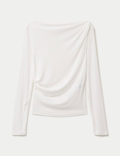 T-shirt col b&eacute;nitier manches longues ecru femme
