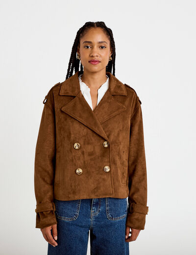 Trench droit manches longues aspect daim marron femme