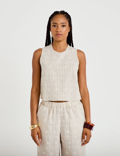 Blouse droite sans manches pliss&eacute;e creme femme