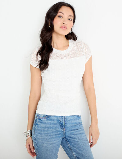 Top en dentelle col rond manches courtes ecru femme