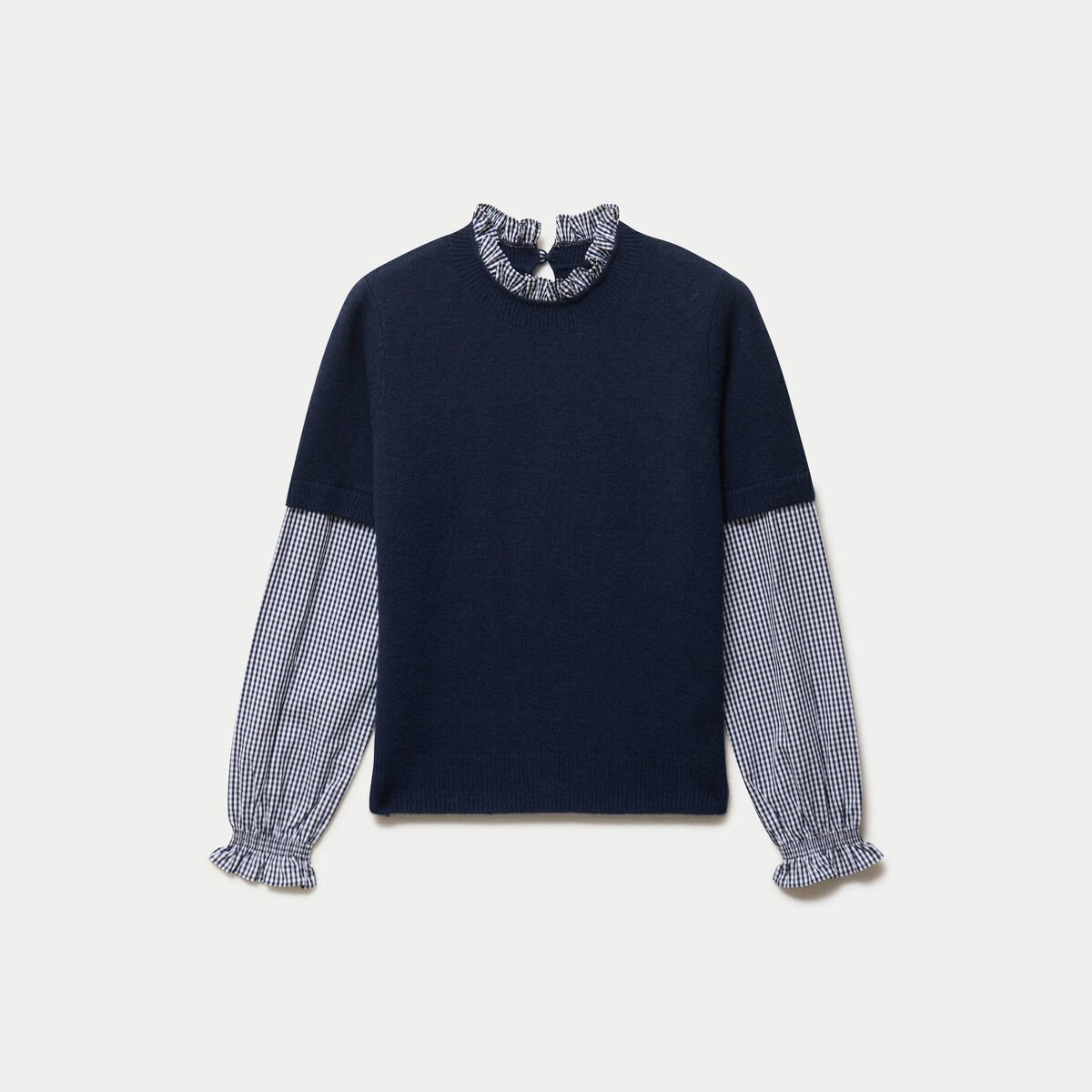 Pull col rond vichy manches longues bleu marine femme
