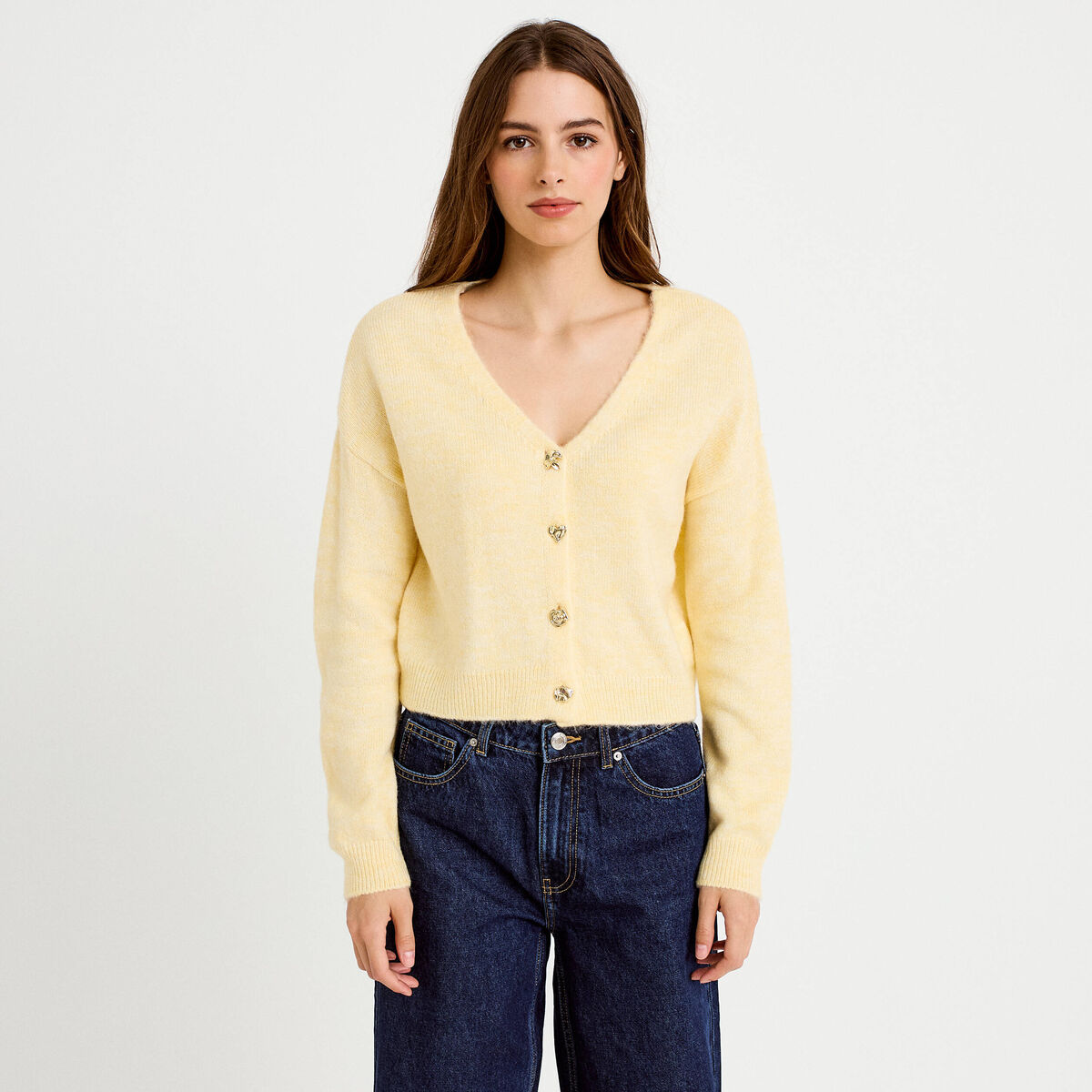 Gilet col v manches longues jaune clair femme