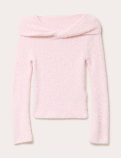 Pull ajust&eacute; col bardot manches longues rose clair femme