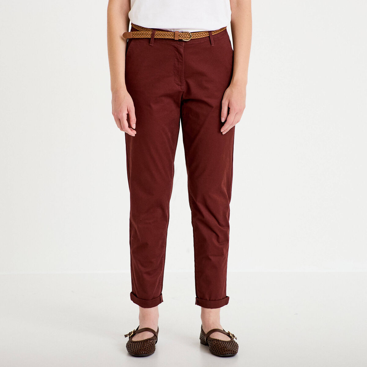 Pantalon chino 7/8&egrave;me marron femme