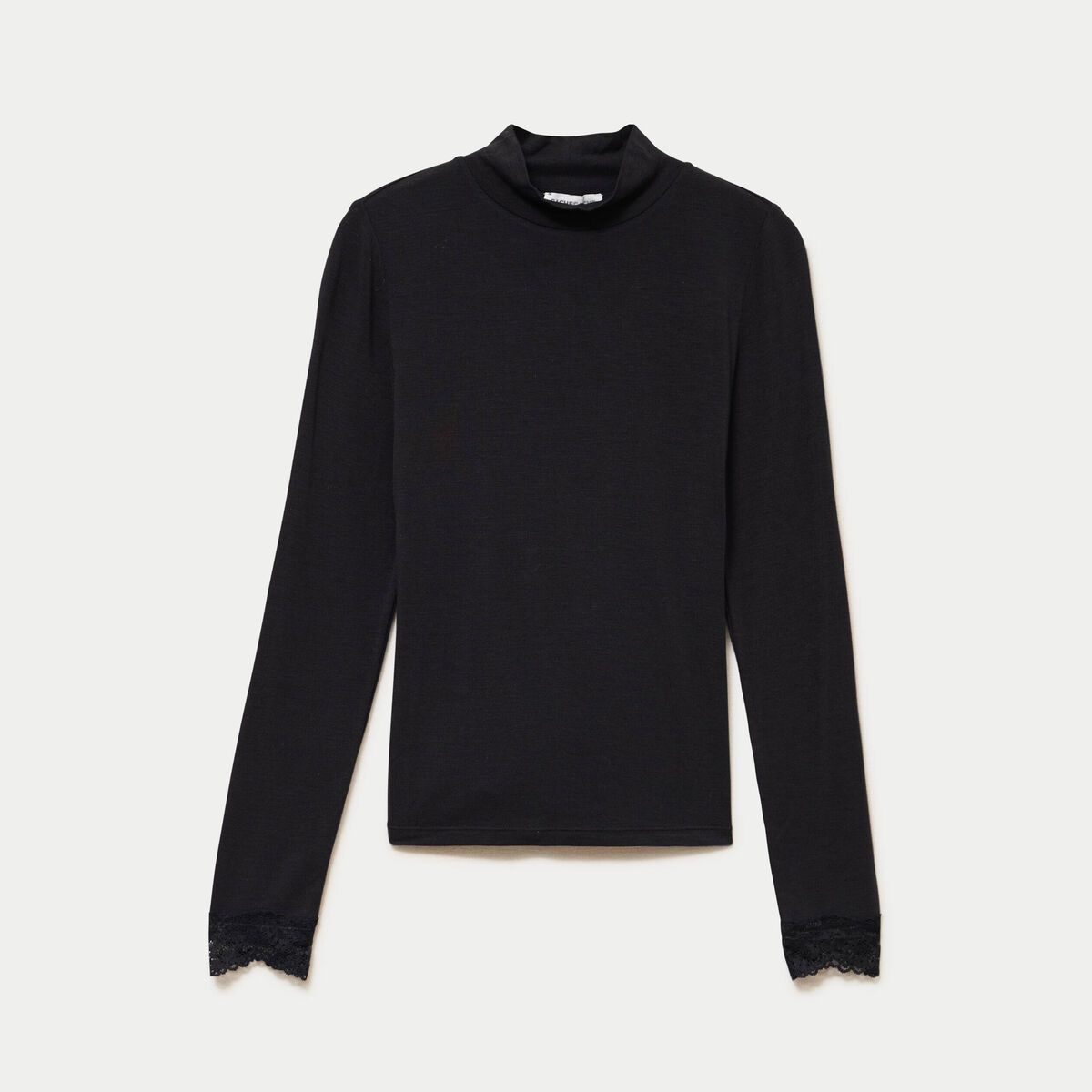 T-shirt ajust&eacute; col roul&eacute; dentelle noir femme