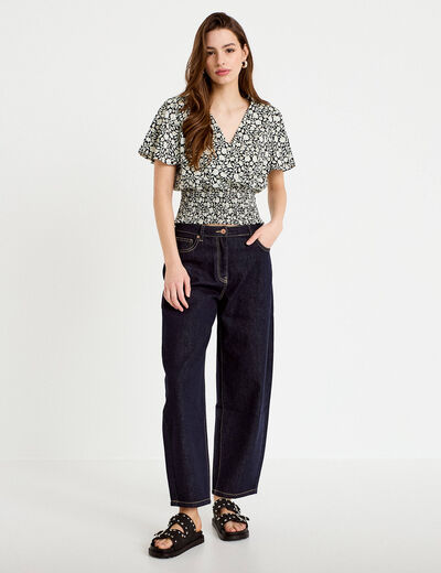 Blouse cintr&eacute;e cropped manches courtes noir femme