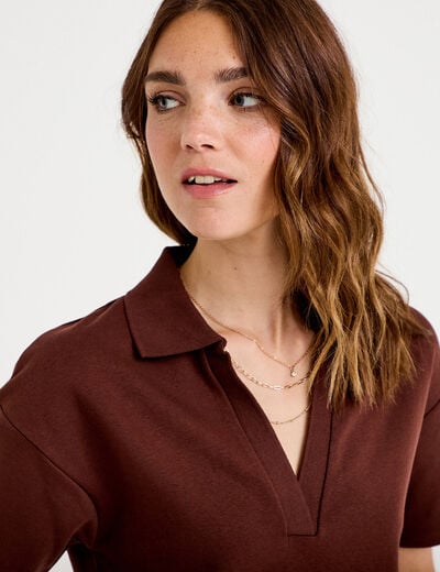Sweat col chemise manches courtes marron femme