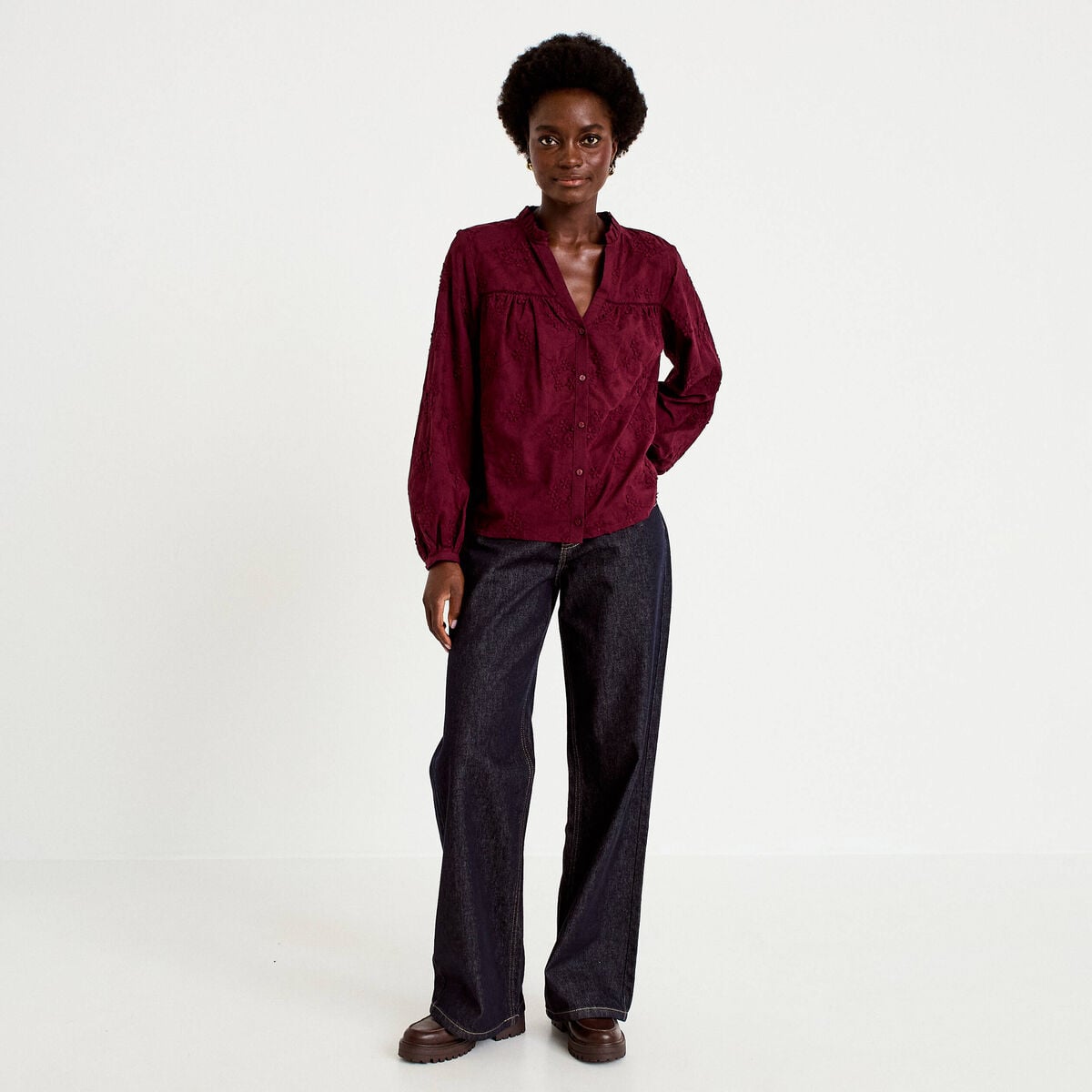 Blouse droite col rond manches longues bordeaux femme