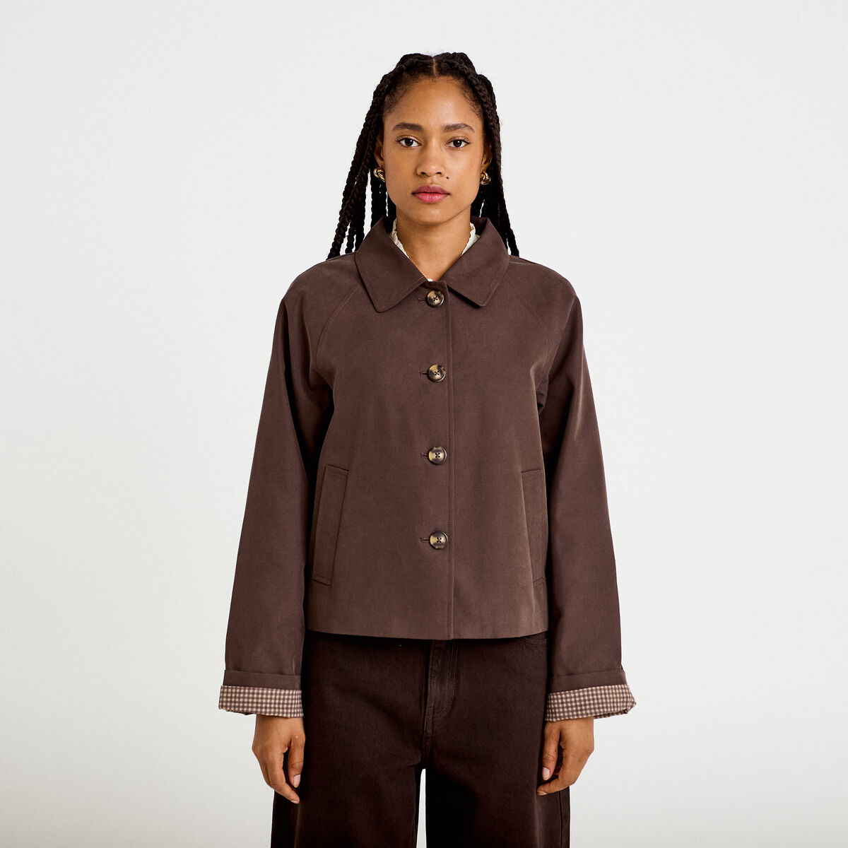 Veste courte boutonn&eacute;e doublure vichy marron fonc&eacute; femme
