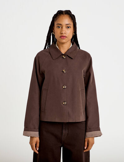 Veste courte boutonn&eacute;e doublure vichy marron fonc&eacute; femme