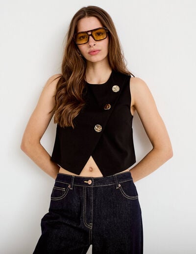 Top ajust&eacute; court sans manches col rond noir femme