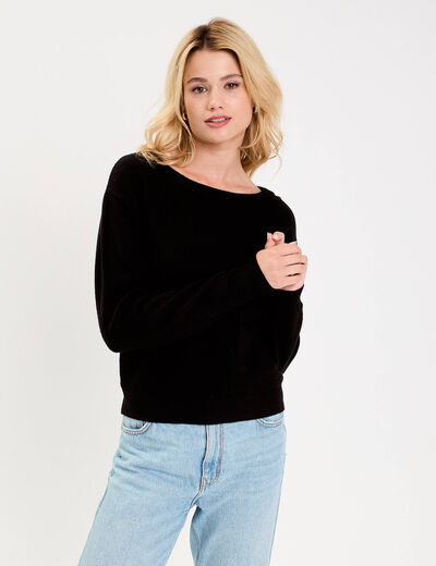 Pull fin col rond manches longues noir femme