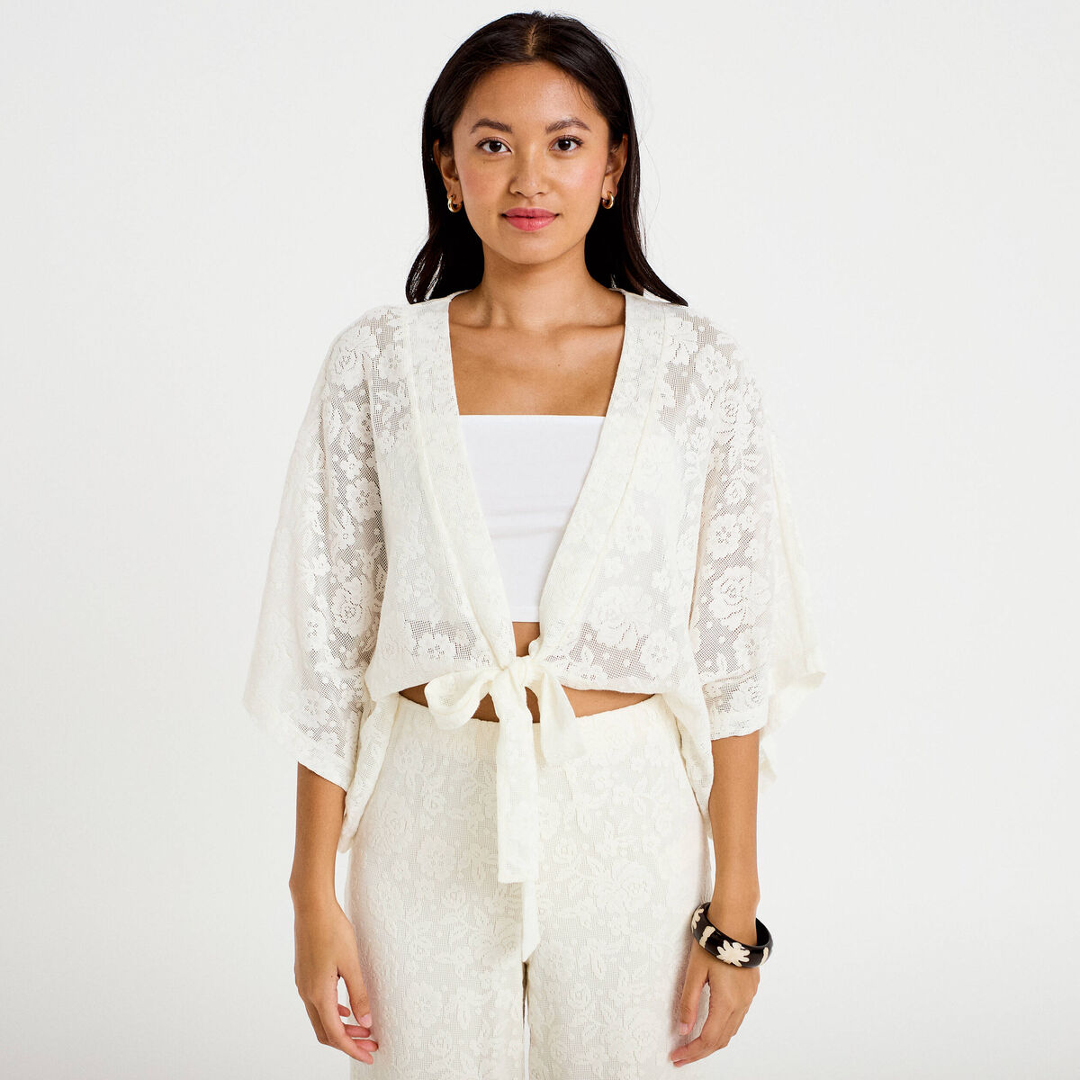 Kimono oversize ajour&eacute; ecru femme