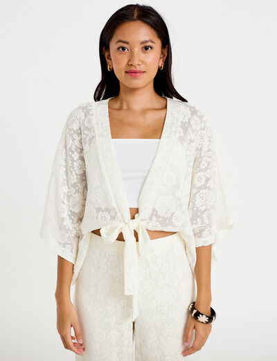 Kimono oversize ajour&eacute; ecru femme