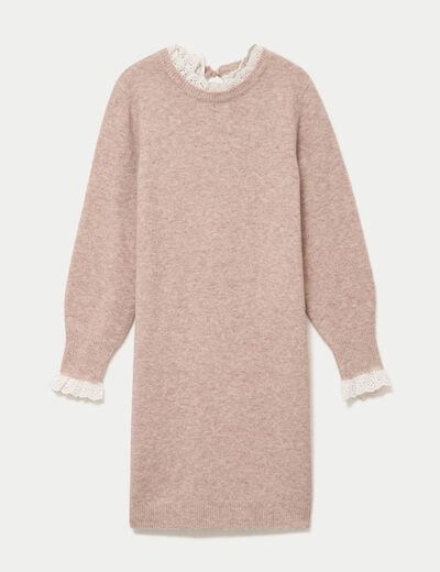 Robe pull ajust&eacute;e col rond dentelle taupe femme