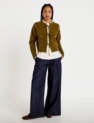 Gilet manches longues brod&eacute; noeuds vert olive femme