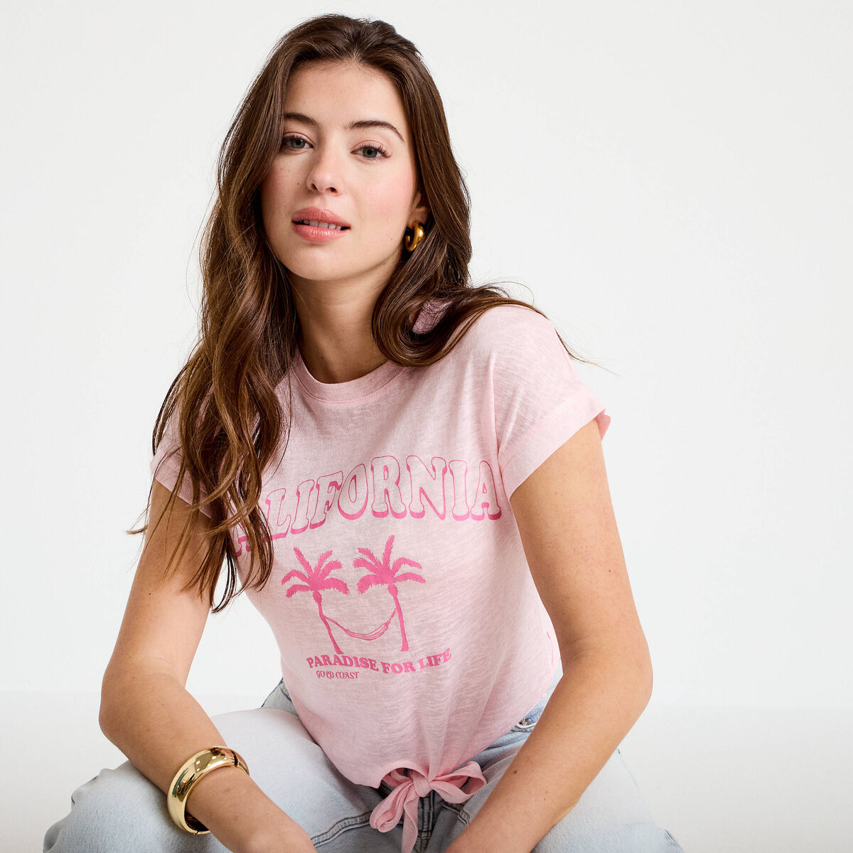 T-shirt droit cropped manches courtes rose clair femme