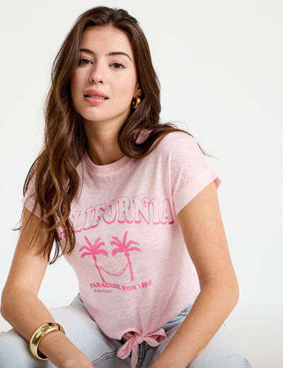 T-shirt droit cropped manches courtes rose clair femme
