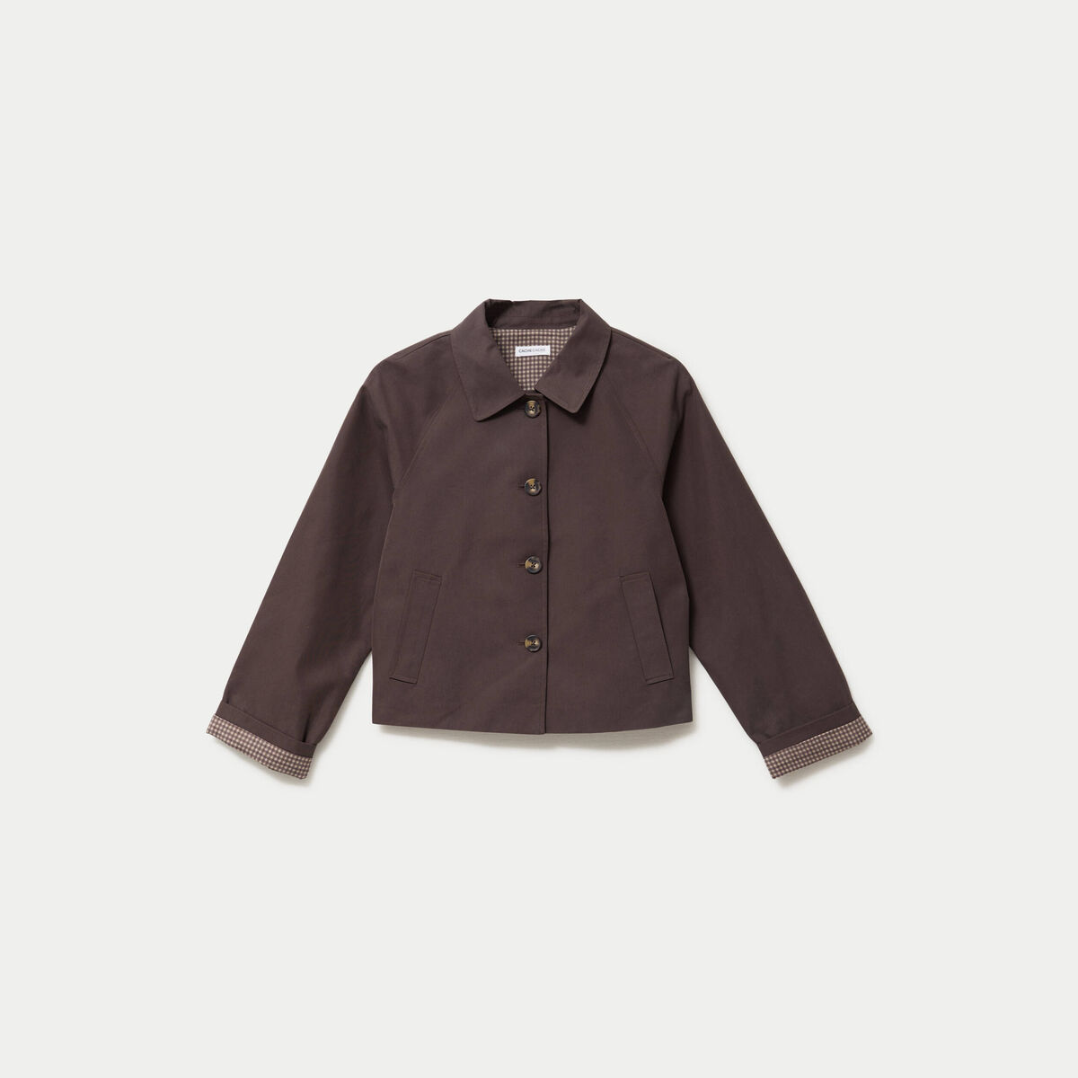 Veste courte boutonn&eacute;e doublure vichy marron fonc&eacute; femme