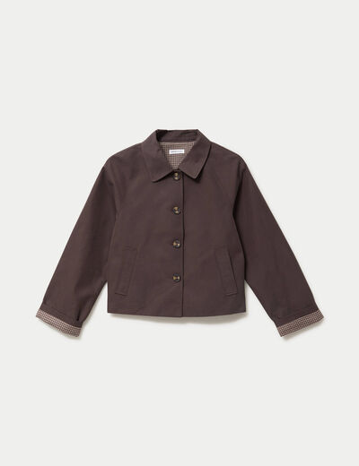 Veste courte boutonn&eacute;e doublure vichy marron fonc&eacute; femme