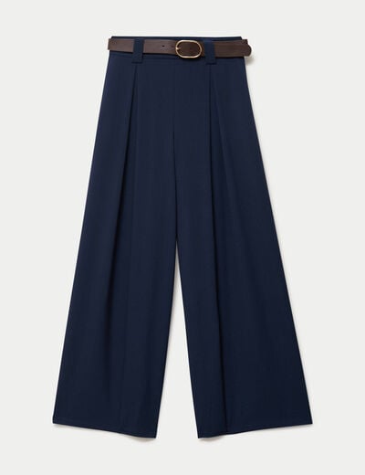 Pantalon large avec ceinture bleu marine femme