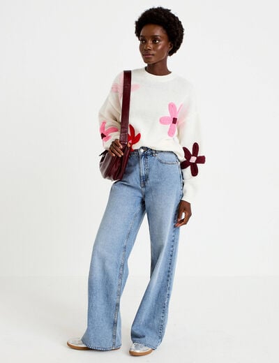 Pull oversize col rond manches longues ecru femme