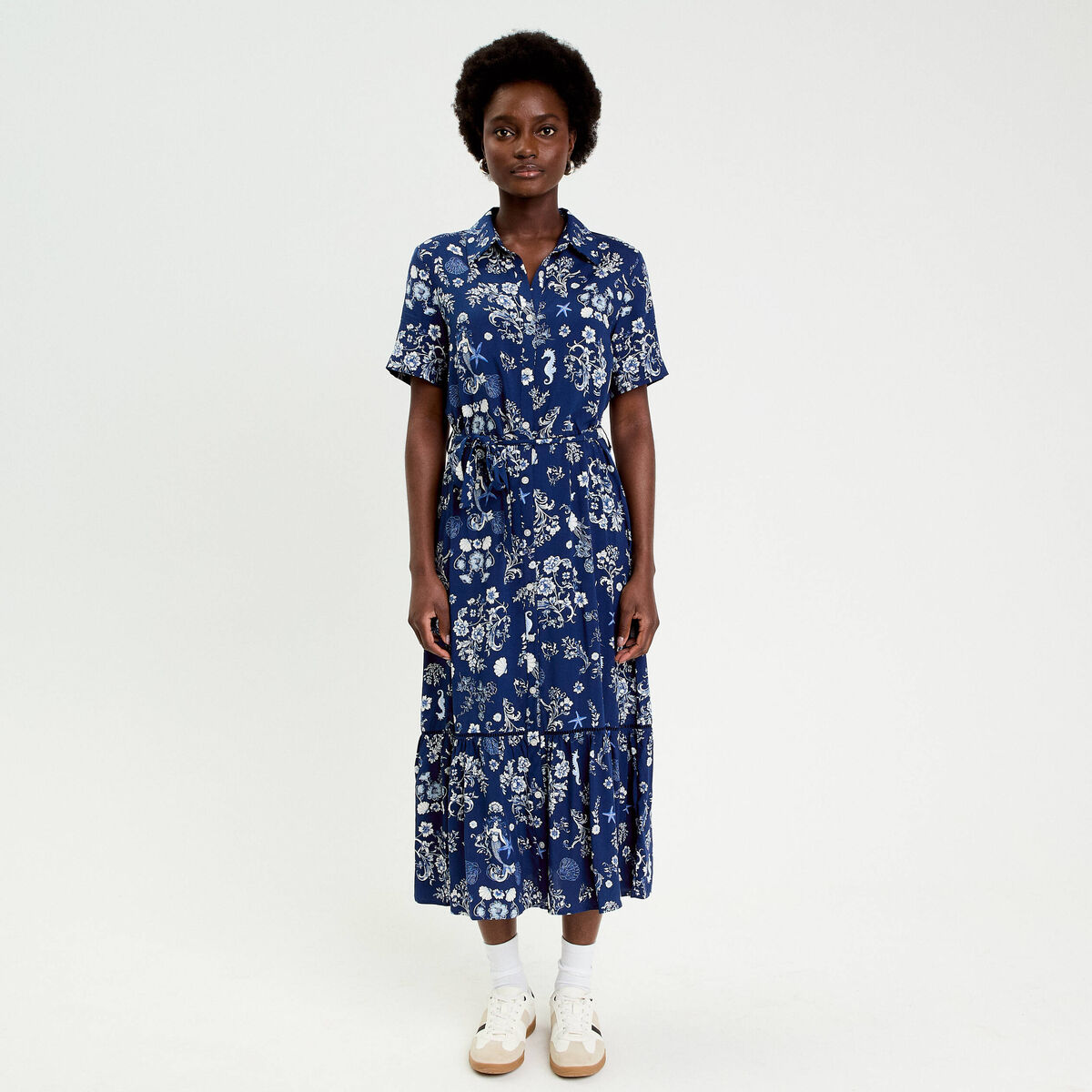 Robe longue col chemise bleu marine femme