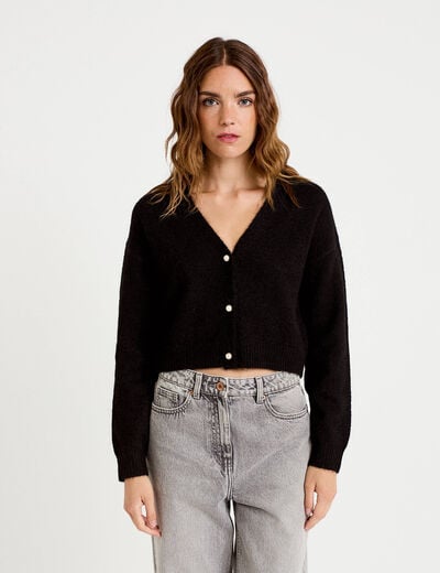 Gilet court ajust&eacute; col v manches longues noir femme