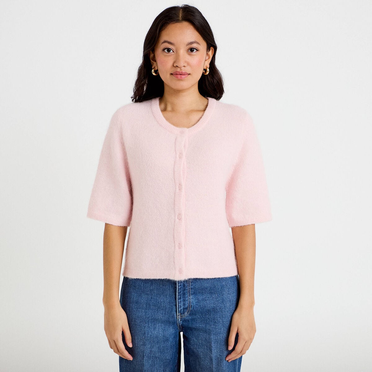 Gilet duveteux manches 3/4 rose clair femme