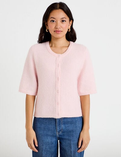 Gilet duveteux manches 3/4 rose clair femme