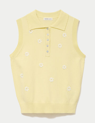 Polo sans manches col chemise brod&eacute; jaune clair femme