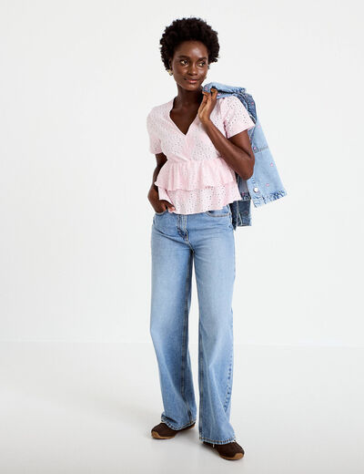 Blouse d&eacute;collet&eacute; manches courtes rose clair femme
