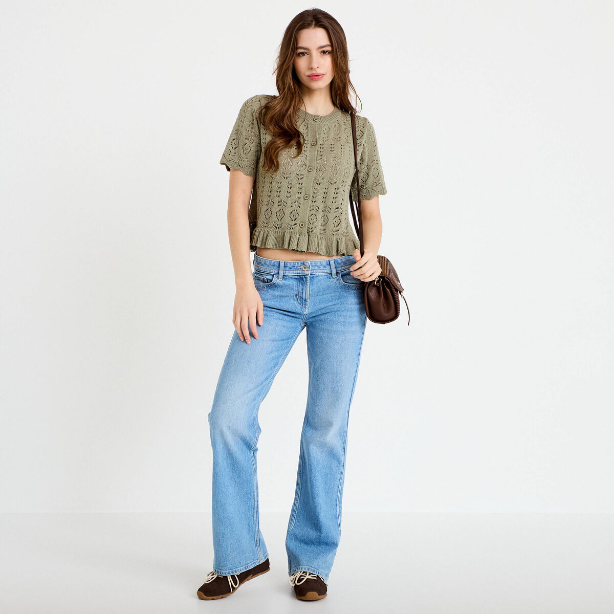 Gilet ajour&eacute; manches courtes col rond vert kaki femme