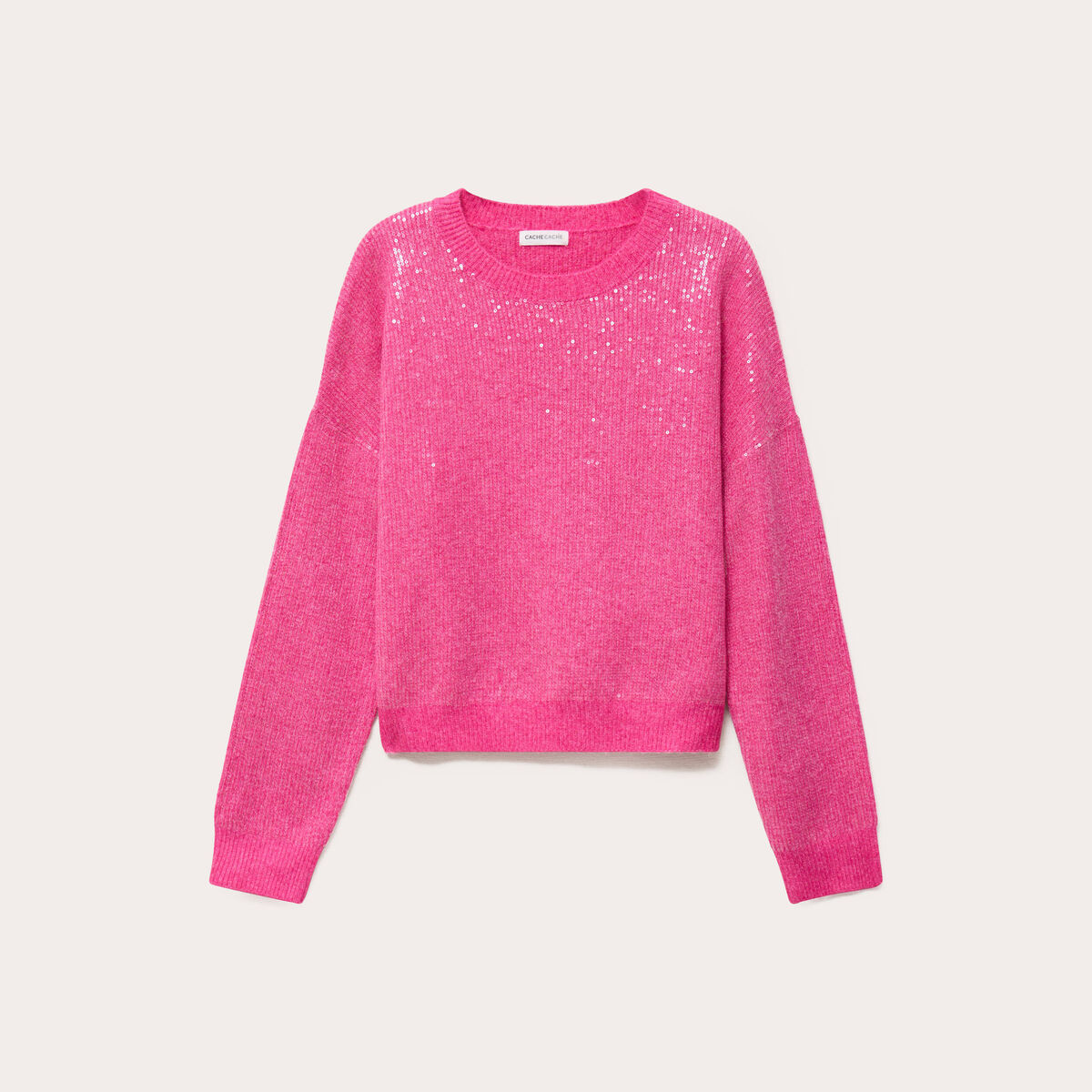 Pull manches longues avec sequins rose fushia femme