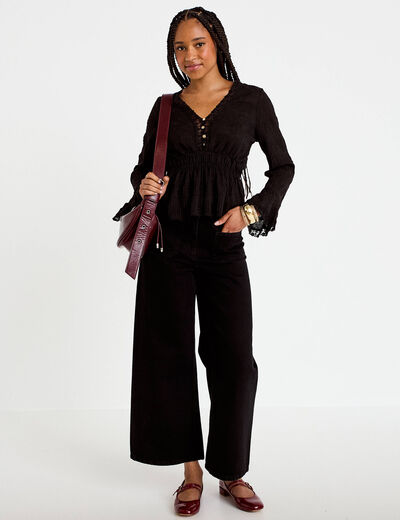 Blouse ajust&eacute;e col v manches longues noir femme
