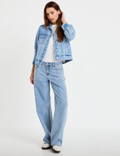 Jean wide leg taille basse strass denim triple stone femme