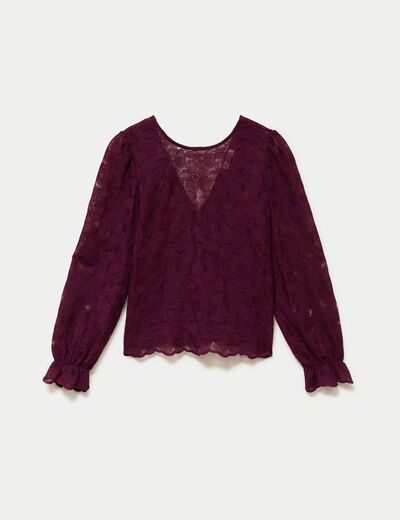 Blouse droite col v en dentelle prune femme