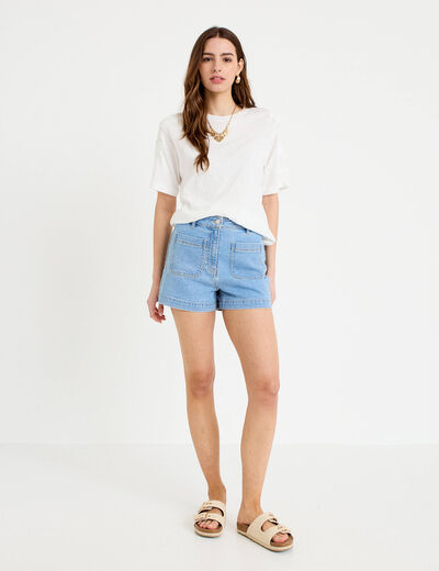 T-shirt col rond manches courtes brod&eacute; ecru femme