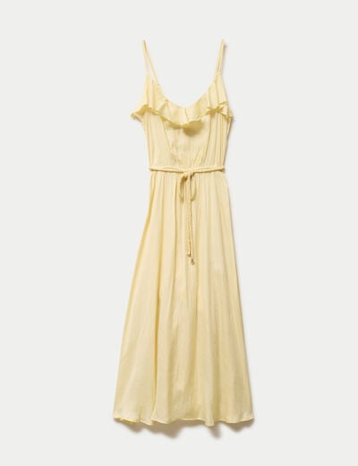 Robe longue &eacute;vas&eacute;e col v bretelles jaune clair femme